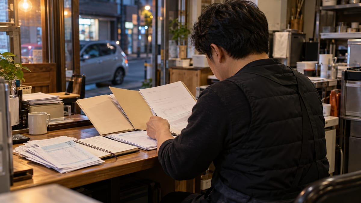 가게 안쪽 책상에서 임대차 서류와 통장 자료를 확인하는 자영업자